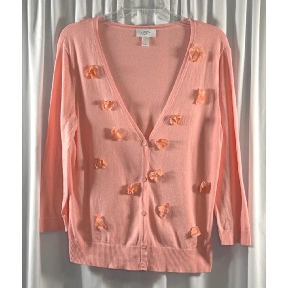 Ann‎ Taylor Loft Peach Coral Cotton 3D Floral Applique V-Neck Cardigan L 79-07 - Picture 7 of 13